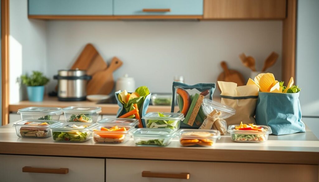 A cozy, minimalist kitchen with warm wooden textures and light blue accents. On the counter, an assortment of glass containers and reusable lunch bags filled with freshly prepared meals - salads, sandwiches, and snacks. The scene exudes a sense of organization and intentionality, perfect for planning ahead and enjoying nourishing, no-heat lunches. The lighting is soft and natural, casting a gentle glow over the scene. The camera angle is slightly elevated, capturing the arrangement in a visually appealing, almost editorial style.