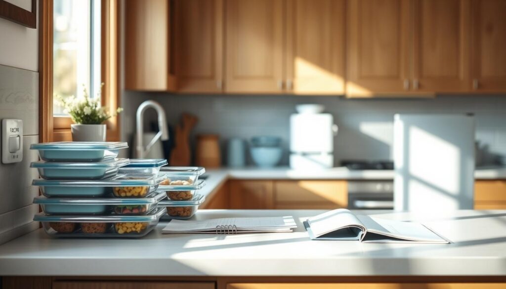 A cozy, minimalist kitchen with warm wooden textures and light blue accents. On the countertop, a meticulously organized array of meal prep containers, recipe cards, and a sleek planner. Natural sunlight streams in, casting a soft glow over the scene. The composition emphasizes efficiency and intentionality, capturing the essence of meal planning for busy professionals. A sense of calm and organization pervades the image, reflecting the strategies for no-heat, office-friendly lunches without odors.