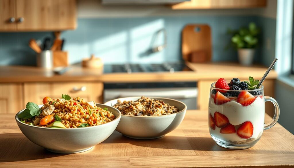 A cozy, minimalist kitchen with warm wooden textures and light blue accents. On the countertop, an array of high-protein lunch recipes in clean, elegant bowls: grilled chicken salad with avocado and quinoa, lentil and veggie stir-fry with brown rice, creamy Greek yogurt parfait with berries and granola. The scene is bathed in soft, natural lighting, creating a welcoming, inviting atmosphere. No hands visible, allowing the nourishing dishes to take center stage.