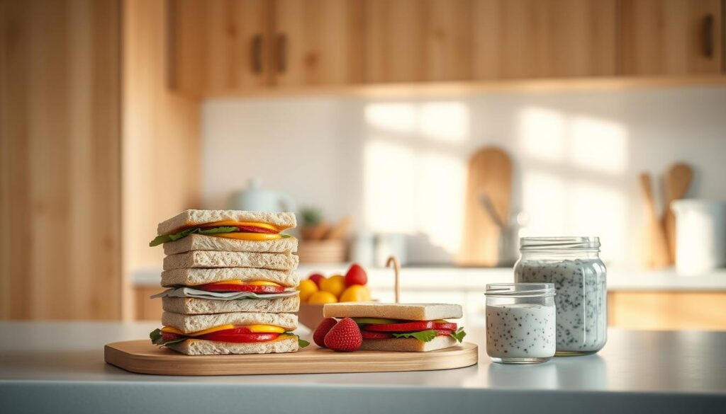 A cozy, minimalist kitchen with warm wooden textures and light blue accents. On the countertop, a neatly arranged spread of grab-and-go breakfast items: a stack of pre-made breakfast sandwiches, a glass jar filled with fresh fruit, and a small container of overnight oats. The lighting is soft and diffused, creating a calming atmosphere. The scene conveys a sense of efficiency and effortless nourishment, highlighting the 