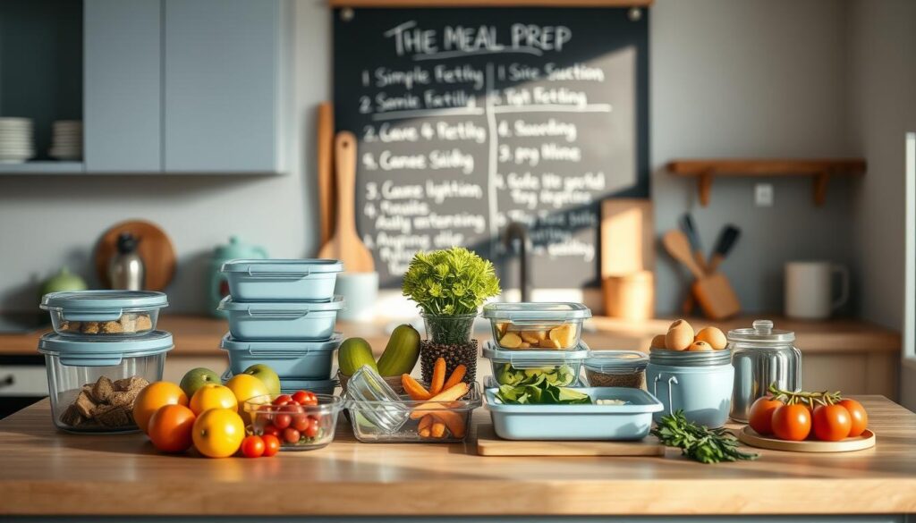 A cozy, minimalist kitchen with warm wooden textures and light blue accents. On the countertop, a selection of meal prep containers, fresh produce, and essential kitchen tools are neatly arranged. In the background, a chalkboard wall displays simple, step-by-step instructions for efficient meal prep. The lighting is soft and natural, creating a calming atmosphere. The camera angle is angled slightly from above, capturing the organized layout and highlighting the practical strategies for busy professionals and families to plan their Asian-inspired lunches.