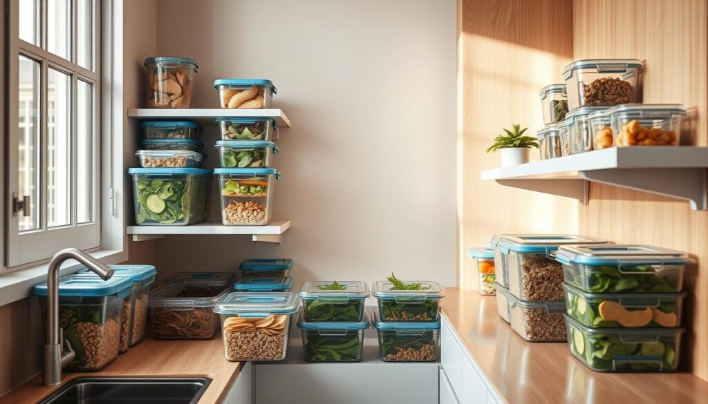 A cozy, minimalist kitchen with warm wooden textures and light blue accents. Various meal prep containers neatly organized on sleek kitchen shelves, their transparent lids allowing a glimpse of prepped salads, grains, and portioned proteins. Soft, natural lighting filters through large windows, casting a gentle glow on the tidy meal prep setup. The scene conveys a sense of calm and organization, perfectly suited for stress-free lunch planning.