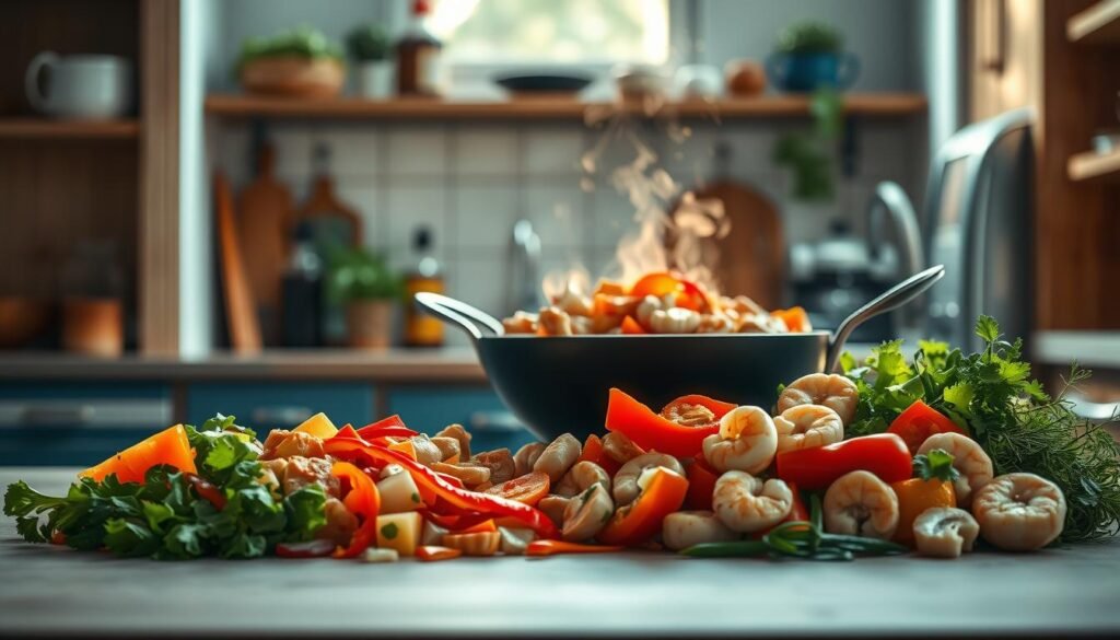 A cozy, minimalist kitchen with warm wooden textures and soft blue accents. In the foreground, an assortment of vibrant, freshly chopped vegetables and proteins, including bell peppers, mushrooms, chicken, and shrimp, arranged in a captivating stir-fry composition. The mid-ground features a large wok sizzling with fragrant aromas, bathed in the soft glow of natural light filtering through the kitchen window. In the background, a collection of complementary seasonings and condiments, such as soy sauce, sesame oil, and fresh herbs, create a sense of culinary exploration and endless possibilities. The overall scene evokes a mood of creativity, inviting the viewer to imagine the myriad of flavorful stir-fry variations that can be crafted within this serene kitchen environment.