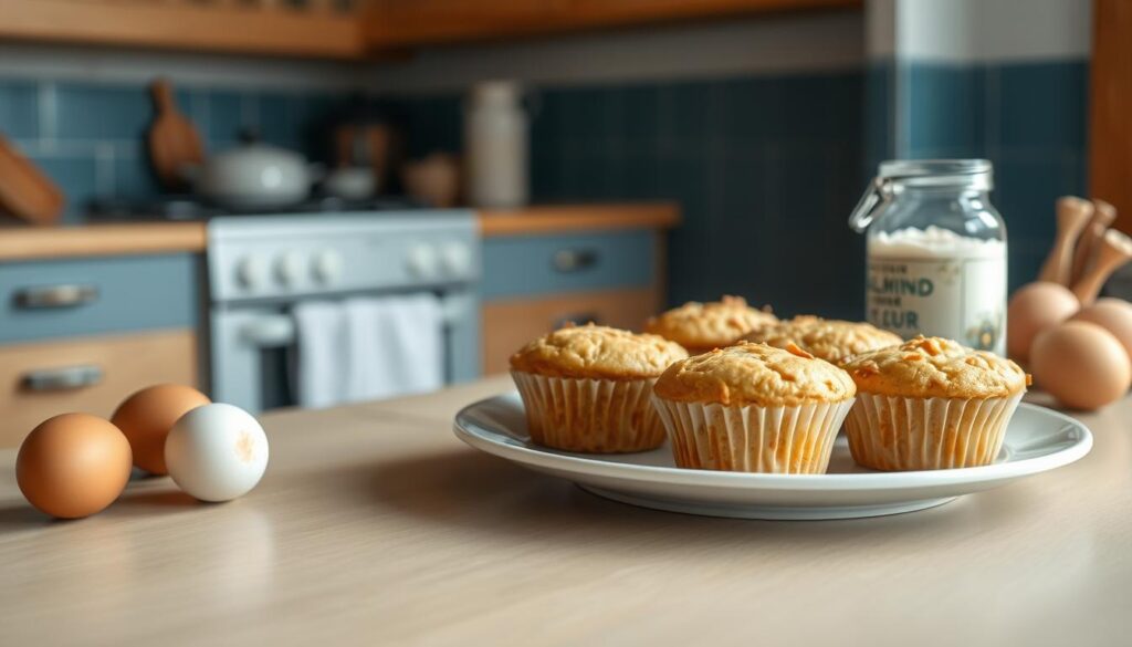 A cozy, minimalist kitchen with warm, wooden textures and soft blue accents. On the counter, a plate of freshly baked low-carb muffins, their golden tops invitingly textured. Beside them, a few ingredients - almond flour, eggs, and a jar of sugar-free sweetener - suggesting the troubleshooting process. The lighting is soft and diffused, highlighting the muffins' tempting appearance. The angle is slightly elevated, emphasizing the carefully crafted details of the baked goods and the troubleshooting setup. An atmosphere of experimentation and culinary exploration pervades the scene.