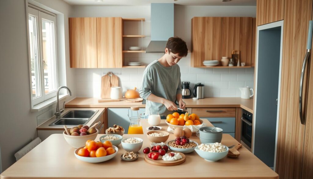 A cozy, minimalist kitchen with warm wooden tones and light blue accents. In the center, a person standing at a clean, organized countertop, carefully preparing various breakfast ingredients. On the counter, an array of fresh fruits, oats, yogurt, and other healthy meal components. The person is focused, moving efficiently through their routine, creating a visually appealing spread of potential breakfast options. Soft, natural lighting filters in from a nearby window, casting a gentle glow over the scene. The overall atmosphere is one of calm, intentionality, and a sense of healthy, nourishing preparation for the day ahead.