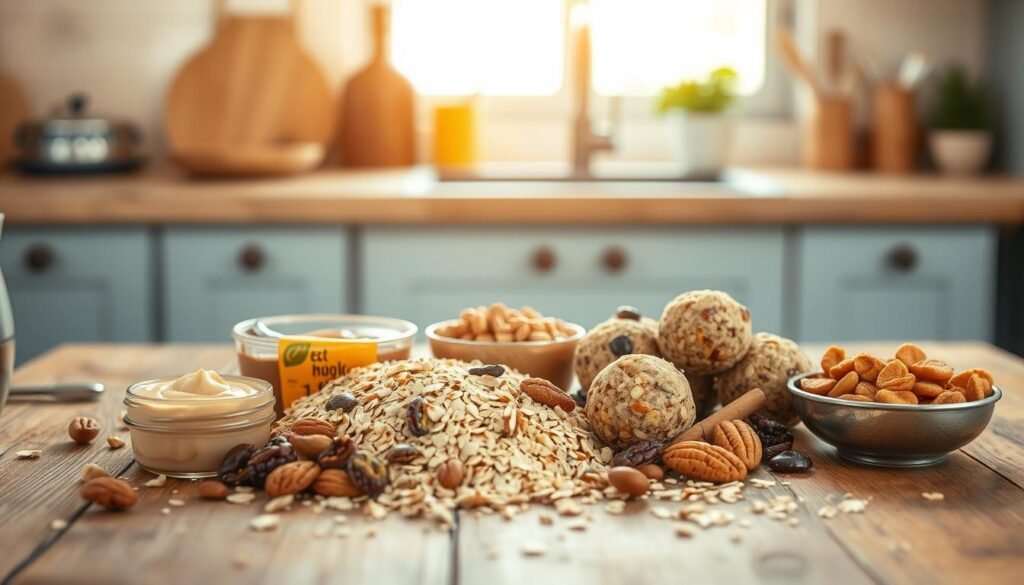 A cozy, minimalist kitchen with warm wooden tones and light blue accents. On a rustic wooden table, an assortment of healthy ingredients for energy bites come together: creamy nut butters, rolled oats, chewy dried fruits, crunchy nuts and seeds, a drizzle of honey, and a sprinkle of cinnamon. The items are neatly arranged, their textures and colors creating a visually appealing composition. Natural lighting from a nearby window casts a soft, inviting glow across the scene. The overall mood is one of simplicity, nutrition, and a homemade, wholesome approach to snacking.