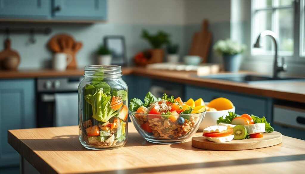 A cozy, minimalist kitchen with wooden countertops and light blue accents showcases an assortment of fresh, vibrant cold lunch dishes. A mason jar salad, a chilled grain bowl with roasted vegetables, and a colorful fruit and cheese plate are arranged on the counter, illuminated by soft, natural lighting filtering through a nearby window. The composition exudes a sense of simplicity, wellness, and convenience, perfect for busy professionals seeking quick, tasty cold meal options.