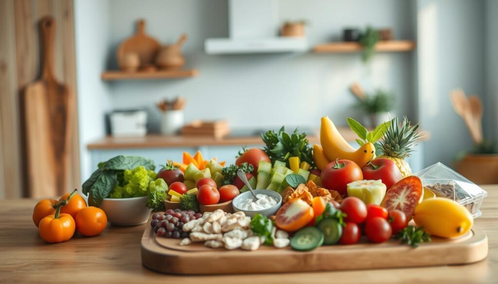 A cozy, minimalist kitchen with wooden textures and light blue accents serves as the backdrop for a vibrant display of family-friendly lunch ideas. In the foreground, a variety of nourishing and visually appealing options are arranged artfully on a wooden cutting board, including fresh fruits, crisp vegetables, hearty protein sources, and wholesome snacks. The lighting is soft and natural, casting a warm glow over the scene and highlighting the textures and colors of the ingredients. The overall mood is one of simplicity, wholesome goodness, and the joy of shared meals, capturing the essence of "Real-Life Inspirations from Trusted Recipes."