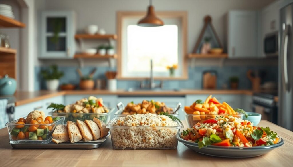 A cozy, minimalist kitchen with wooden textures and light blue accents serves as the backdrop for a vibrant arrangement of freshly prepared chicken-based meal prep recipes. Tender, seasoned chicken breasts take center stage, accompanied by an array of colorful, nutrient-dense sides such as roasted vegetables, fluffy quinoa, and a zesty salad. The lighting is soft and warm, creating a welcoming atmosphere that inspires healthy, flavorful meals to power the day. The scene is free of distractions, allowing the viewer to focus on the delicious, protein-packed options that will elevate any lunchtime routine.