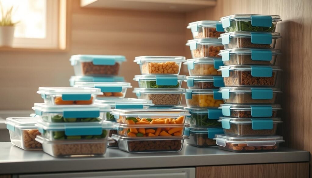 A cozy, minimalist kitchen with wooden textures and light blue accents showcases a variety of neatly packed and stacked cold meal containers. Glass and plastic containers of different sizes and shapes are arranged on the counter, their contents visible through the transparent lids. The low, natural lighting casts a warm glow over the scene, highlighting the precise organization and efficient use of refrigerator space. The absence of hands emphasizes the thoughtful preparation and storage of these no-heat lunchbox meals, ready to be grabbed and taken to the office.