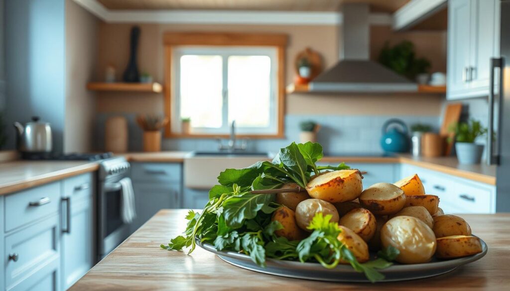 A cozy, minimalist kitchen with wooden textures and light blue accents showcases an assortment of transformed leftovers. Repurposed vegetable scraps, wilted greens, and yesterday's roasted potatoes come together in a visually captivating display. Soft, indirect lighting casts gentle shadows, highlighting the textures and shapes of the various ingredients. The image conveys a sense of resourcefulness, creativity, and a commitment to minimizing food waste, perfectly complementing the 