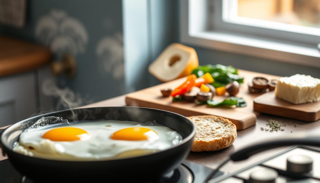 A cozy, minimalist kitchen with wooden textures and light blue accents. In the foreground, freshly cracked eggs sizzle in a cast-iron skillet, steam rising. Beside it, a crisp English muffin toasts to a golden brown. In the middle ground, diced bell peppers, mushrooms, and spinach are prepped on a wooden cutting board, waiting to be layered. In the background, a wedge of creamy feta cheese and a sprinkle of dried oregano set the Mediterranean mood. Soft, warm lighting from overhead casts a comforting glow, guiding the step-by-step preparation of this nourishing breakfast sandwich.