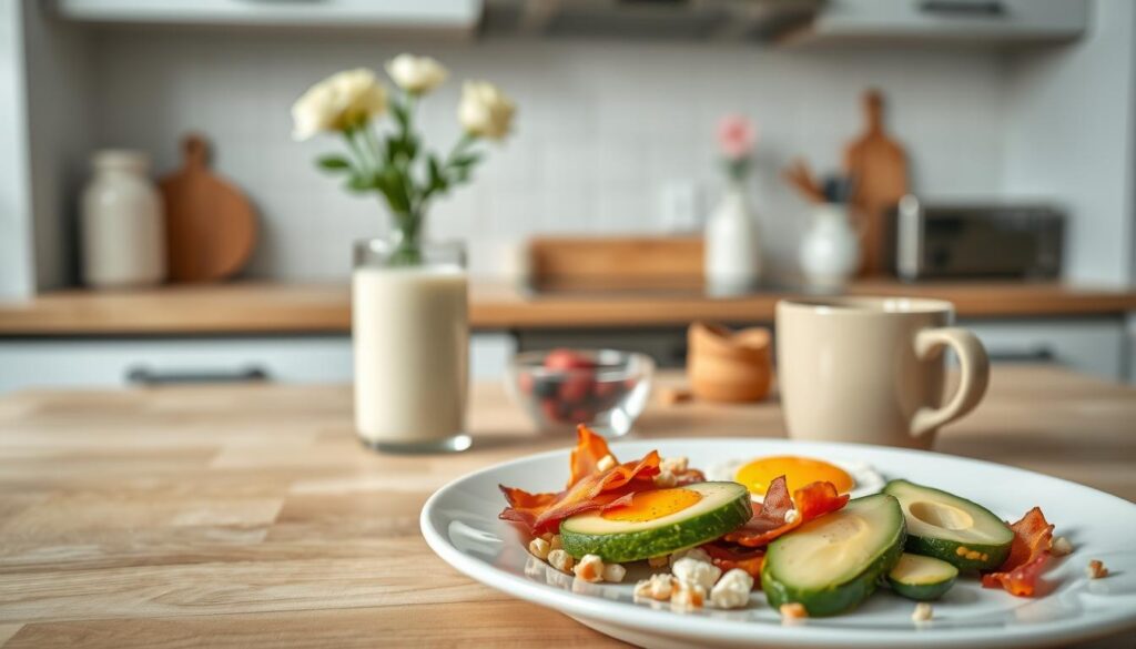 A cozy, minimalist kitchen with wooden textures and light blue accents. In the foreground, a plate featuring a variety of healthy fats for a keto breakfast - avocado slices, fried eggs, crumbled bacon, and a sprinkle of chopped nuts. The middle ground showcases a glass of unsweetened almond milk, a small bowl of berries, and a cup of hot coffee. The background features a clean, well-lit counter-top, with a vase of fresh flowers adding a touch of natural elegance. The overall scene conveys the benefits of incorporating healthy fats into a nourishing keto breakfast, with a warm, inviting atmosphere.