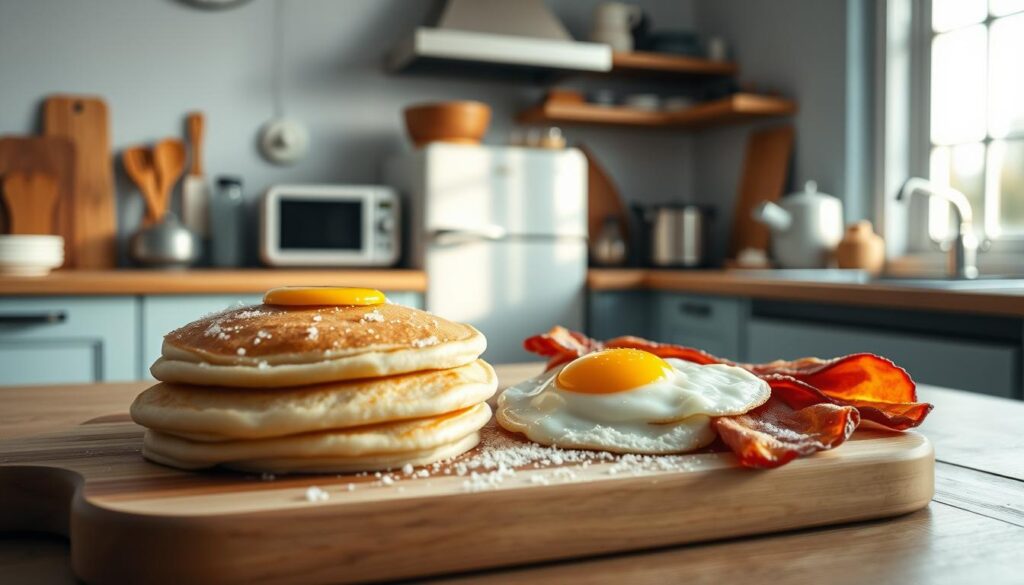A cozy, minimalist kitchen with wooden textures and light blue accents. In the foreground, a selection of breakfast meals are neatly arranged on a wooden cutting board, including fluffy pancakes, crispy bacon, and a sunny-side-up egg. The meals are partially covered in a thin layer of frost, indicating they have been frozen for later enjoyment. Soft, natural lighting from a large window illuminates the scene, casting gentle shadows and highlighting the icy textures. In the background, various kitchen appliances and utensils are visible, suggesting this is a well-equipped space for meal preparation. The overall atmosphere conveys a sense of organization, practicality, and the quiet anticipation of a delicious, homemade breakfast.