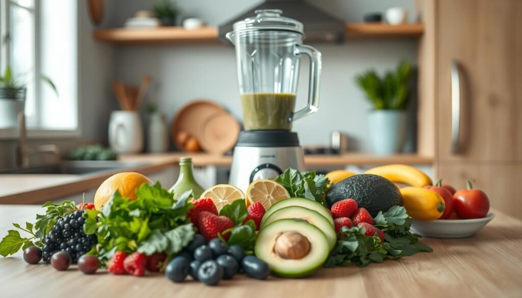 A cozy, minimalist kitchen with wooden textures and light blue accents. In the foreground, an array of fresh, vibrant ingredients artfully arranged - ripe berries, leafy greens, creamy avocado, and fragrant citrus. In the middle ground, a high-powered blender whirs, blending the nutrient-dense ingredients into a smooth, inviting smoothie. Soft, natural lighting filters in, casting a warm, invigorating glow over the scene. The overall atmosphere is one of nourishment, simplicity, and a sense of calm focus - the perfect start to a vibrant, mentally-clarity-boosting morning.