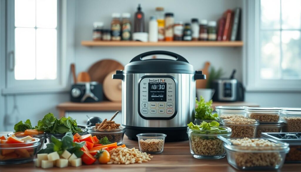 A cozy, minimalist kitchen with wooden textures and light blue accents. In the foreground, an array of prepared ingredients - chopped vegetables, pre-cooked grains, and glass containers filled with portioned proteins. A sleek stainless steel appliance, possibly a slow cooker or Instant Pot, takes center stage, its digital display illuminated. In the background, shelves lined with neatly organized spices, herbs, and cookbooks, suggesting a well-stocked and efficient meal prep station. Soft, natural lighting filters through the windows, creating a warm and inviting atmosphere. The scene conveys a sense of organization, foresight, and a stress-free approach to preparing healthy, time-saving meals for the holidays.