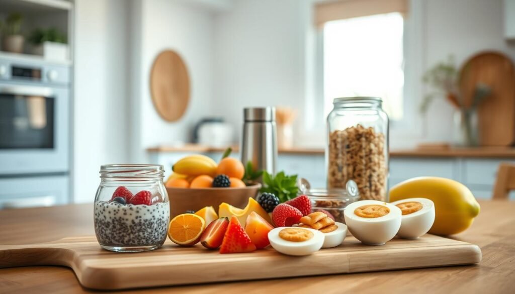 A cozy, minimalist kitchen with wooden textures and light blue accents. In the foreground, an assortment of healthy breakfast items neatly arranged on a wooden cutting board: overnight oats, chia pudding, hard-boiled eggs, and fresh fruits. In the middle ground, a sleek glass jar filled with homemade granola, and a stainless steel thermos. In the background, a window floods the scene with natural light, casting a warm glow over the scene. The overall mood is one of intentionality, mindfulness, and a sense of preparedness for a productive day ahead.