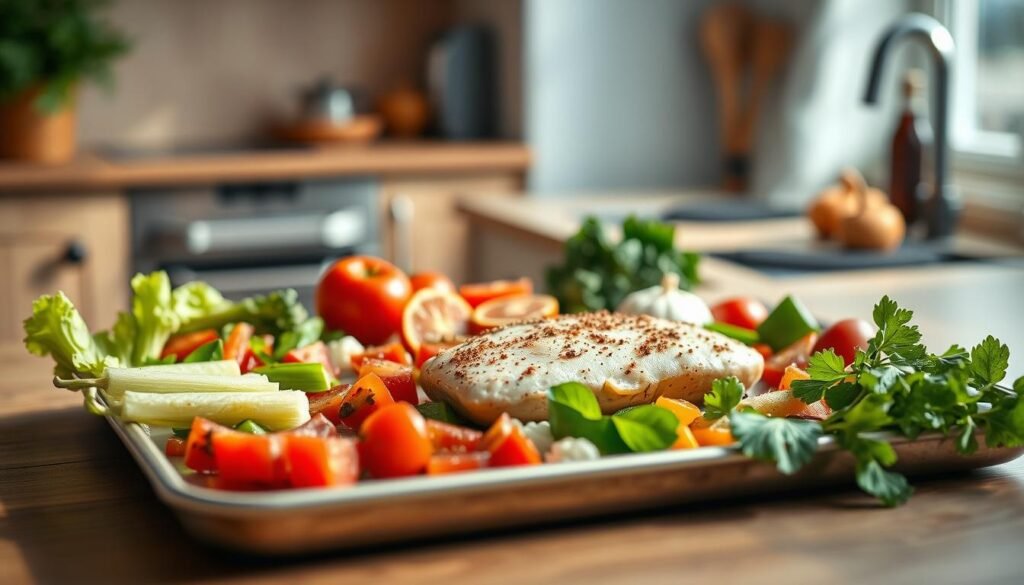 A cozy, minimalist kitchen with wooden textures and light blue accents. On a clean sheet pan, various fresh vegetables, seasonings, and a protein of choice are artfully arranged, showcasing the customizable nature of this meal prep approach. Soft, natural lighting illuminates the scene, casting gentle shadows and highlighting the vibrant colors. The composition emphasizes the versatility and efficiency of the sheet pan method, inviting the viewer to explore the endless possibilities for creating personalized, work-friendly meals.