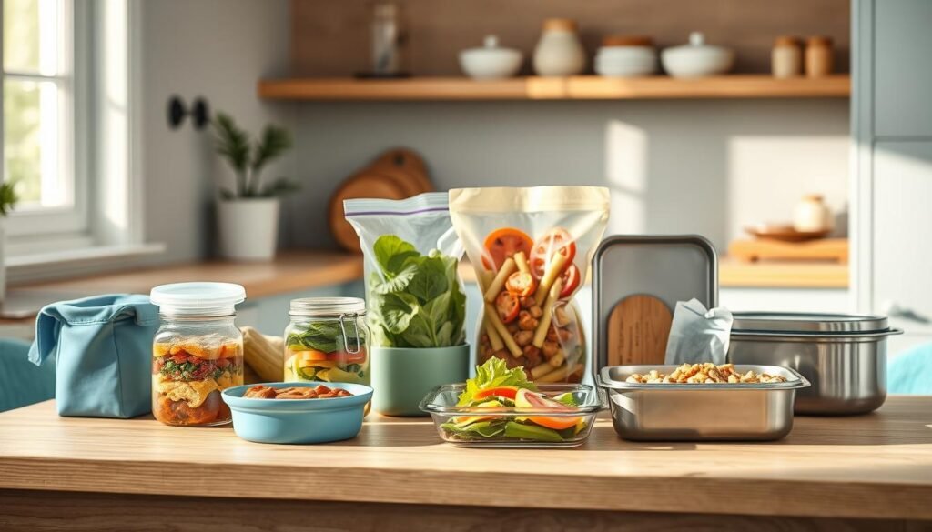 A cozy, minimalist kitchen with wooden textures and light blue accents. On a clean wooden table, various fresh meal containers are artfully arranged - glass jars, reusable silicone bags, and stainless steel boxes. The containers showcase different types of packaged meals - salads, soups, and snacks. Soft, diffused lighting highlights the textures and colors, creating a serene, inviting atmosphere. The image conveys practical yet stylish storage solutions for nourishing, no-heat lunchbox meals, perfect for a weekly rotation against boredom.