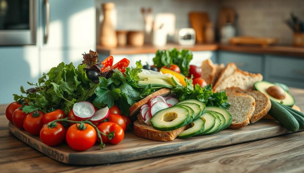 A cozy, minimalist kitchen with wooden textures and light blue accents. On a rustic wooden table, a seasonal assortment of sandwich ingredients is beautifully arranged: freshly harvested greens, juicy tomatoes, crisp cucumbers, vibrant radishes, creamy avocado slices, and a selection of artisanal breads and cheeses. The soft, natural lighting casts a warm glow, highlighting the textures and colors of the ingredients. The scene exudes a sense of simplicity, freshness, and seasonality, perfectly capturing the essence of "Seasonal and Local Ingredient Innovations" for a delightful lunch meal prep.