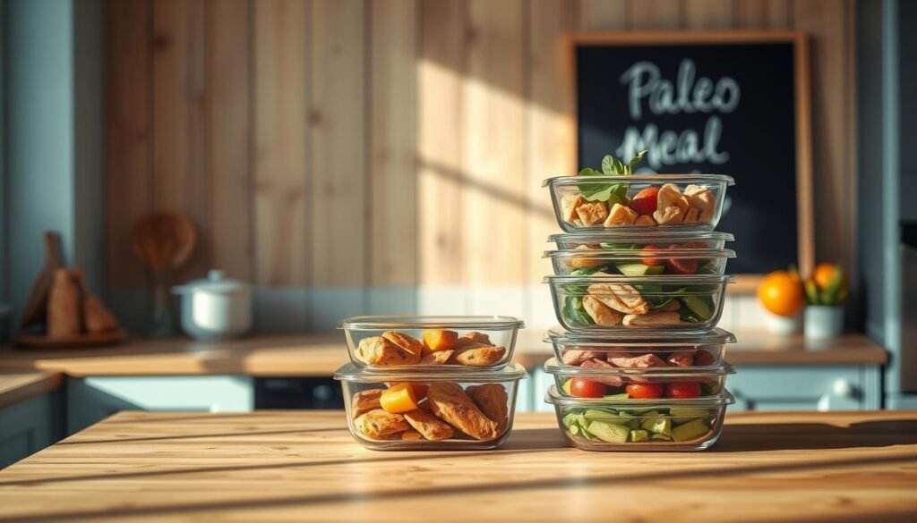A cozy, minimalist kitchen with wooden textures and light blue accents. On a wooden counter, a stack of neatly organized glass containers holds an assortment of paleo-friendly meal prep items - grilled chicken, roasted vegetables, and fresh fruits. The lighting is soft and natural, casting warm shadows. In the background, a simple chalkboard display showcases a 