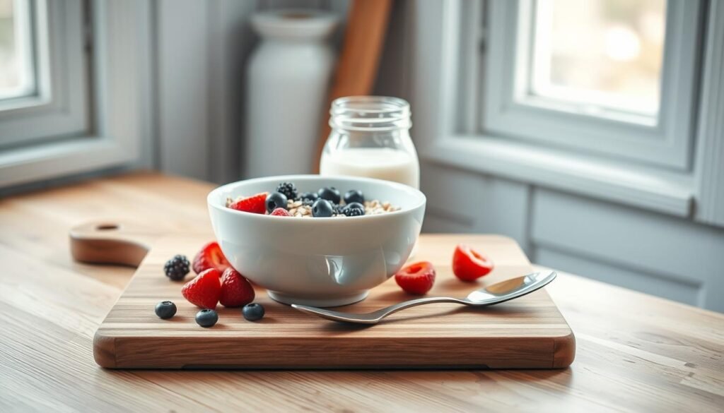 A cozy, minimalist kitchen with wooden textures and light blue accents. On a wooden cutting board, a clean, white bowl holds rolled oats, chia seeds, and fresh berries. A glass jar filled with milk stands beside it. A stainless steel spoon rests on the board, ready to stir the ingredients. Natural light filters through a nearby window, casting a warm glow over the scene. The arrangement is precise, inviting the viewer to imagine the steps of preparing a delicious, nutritious overnight oats dish.