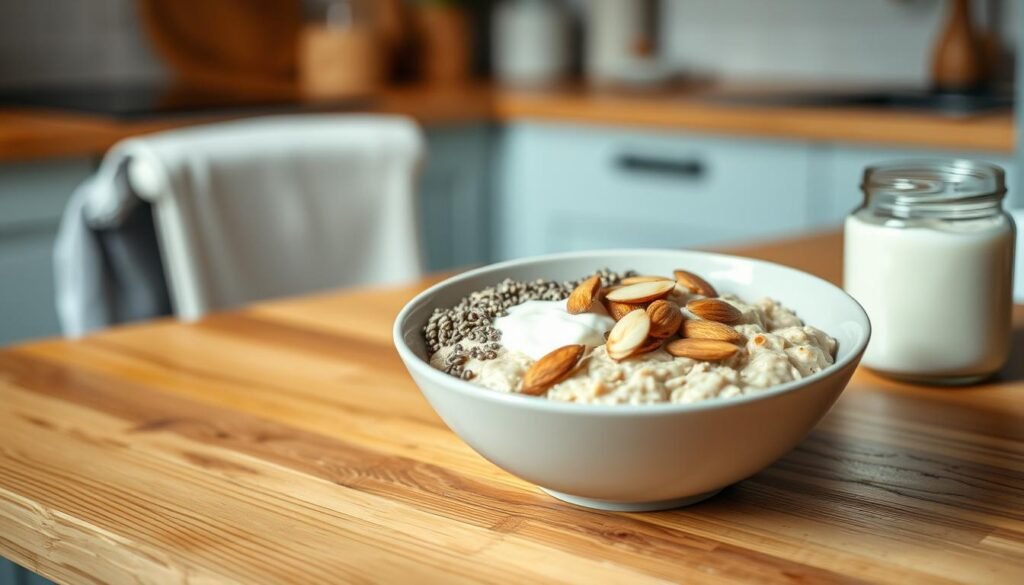 A cozy, minimalist kitchen with wooden textures and light blue accents. On a wooden table, a bowl of oatmeal is adorned with an array of fiber-rich ingredients: plump chia seeds, crunchy flaxseeds, and nutty-textured sliced almonds. Nearby, a jar of protein-packed Greek yogurt stands ready to be spooned over the hearty oats. Soft, natural lighting illuminates the scene, creating a warm and inviting atmosphere perfect for this nourishing breakfast.