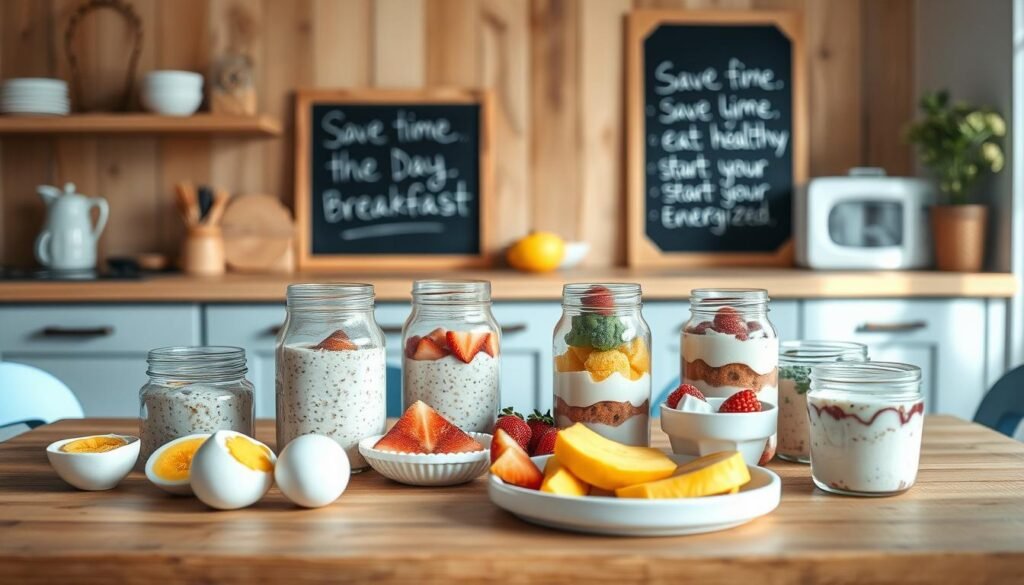 A cozy, minimalist kitchen with wooden textures and light blue accents. On a wooden table, an array of neatly prepared breakfast items - overnight oats in mason jars, hardboiled eggs, fresh fruit, and yogurt parfaits. The scene is bathed in soft, natural lighting, creating a tranquil, inviting atmosphere. In the background, a chalkboard showcases the benefits of meal-prepping breakfast: save time, eat healthier, and start the day energized. The overall mood is one of organization, simplicity, and the joy of effortless mornings.