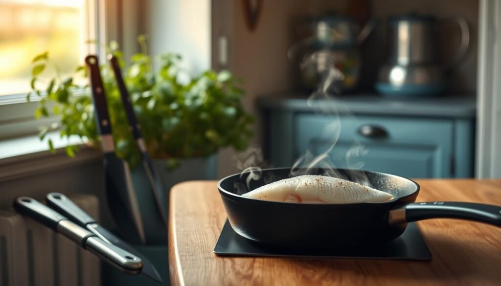 A cozy, minimalist kitchen with wooden textures and light blue accents. On the counter, a fresh fish fillet sizzles in a cast-iron pan, while a collection of cooking tools - a sharp knife, a spatula, and a pair of tongs - stand at the ready. The warm lighting casts a gentle glow, highlighting the fish's delicate texture and the steam rising from the pan. In the background, a lush herb garden provides a vibrant contrast, hinting at the flavorful possibilities for seasoning the fish. The scene conveys a sense of culinary expertise and the thoughtful preparation of a high-protein, reheatable meal.