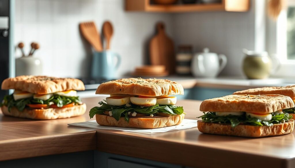A cozy, minimalist kitchen with wooden textures and light blue accents. On the counter, an assortment of make-ahead morning meals - flaky breakfast sandwiches filled with feta, spinach, and Mediterranean-inspired flavors. Carefully arranged, the sandwiches emit an aroma of freshly baked bread and sizzling eggs. Soft, natural lighting bathes the scene, creating a serene and inviting atmosphere. In the background, a simple, uncluttered space allows the delicious-looking dishes to take center stage. The image conveys the rise of convenient, homemade breakfast solutions, perfect for busy mornings.