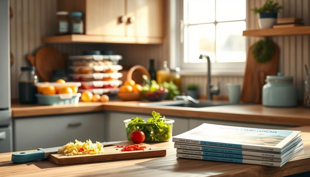 A cozy, minimalist kitchen with wooden textures and light blue accents. On the counter, an assortment of meal prep containers, fruits, vegetables, and a few jars of healthy dressings and sauces. Sunlight streams in through a nearby window, casting a warm glow over the scene. In the foreground, a cutting board with freshly chopped ingredients, and a stack of meal prep guides showcasing creative no-heat lunch ideas. The overall atmosphere is one of simplicity, organization, and a focus on nutritious, easy-to-prepare cold lunches.