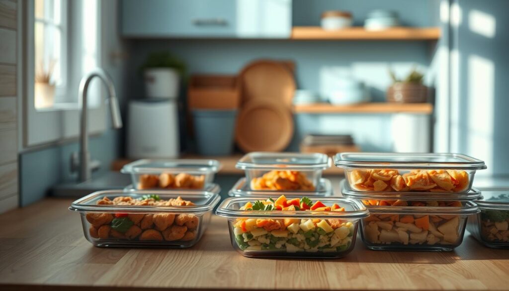 A cozy, minimalist kitchen with wooden textures and light blue accents. On the counter, glass containers filled with freshly prepared meals sit neatly, ready to be stored in the fridge or reheated. Soft, directional lighting casts a warm glow, highlighting the textures and colors. A sense of organization and purposefulness pervades the scene, conveying the efficiency and care taken in meal prepping for the work week ahead.