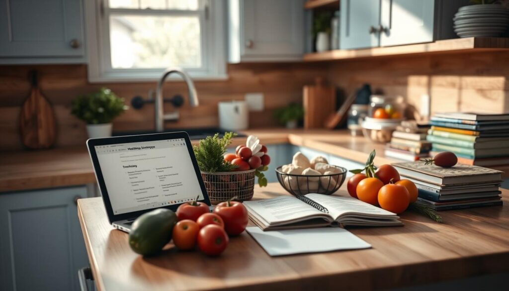 A cozy, minimalist kitchen with wooden textures and light blue accents. On the countertop, a laptop and open notebook display meal planning strategies, surrounded by fresh produce, pantry items, and a stack of cookbooks. The lighting is soft and natural, casting a warm glow over the scene. The camera angle is from a slightly elevated perspective, capturing the organized chaos of grocery planning. The overall mood is one of focused productivity and culinary inspiration.
