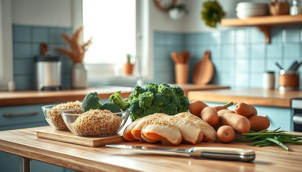 A cozy, minimalist kitchen with wooden textures and light blue accents. On the countertop, a selection of fresh ingredients - chicken breasts, quinoa, broccoli, and sweet potatoes - neatly organized. Nearby, a cutting board and knife, ready for efficient meal prep. The lighting is soft and natural, with a warm glow highlighting the simple, streamlined process. A sense of focus and organization permeates the scene, reflecting the 