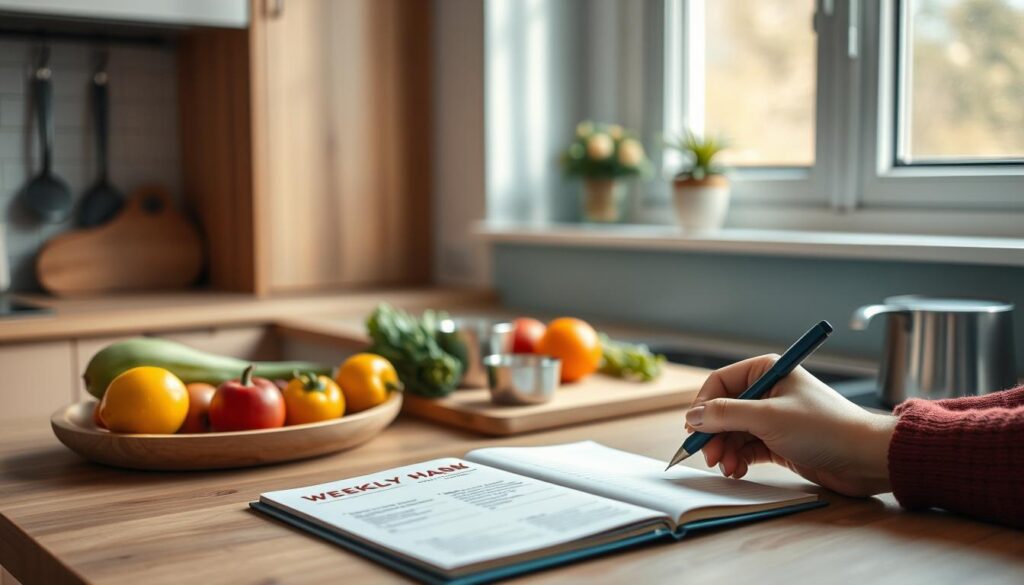 A cozy, minimalist kitchen with wooden textures and light blue accents. On the countertop, an open notebook displays a neatly organized weekly meal plan, accompanied by fresh produce, measuring cups, and a cutting board. Soft, natural lighting filters through a nearby window, casting a warm glow over the scene. A pair of hands, carefully writing down recipes and ingredients, convey a sense of thoughtful planning and efficiency. The atmosphere is one of calm focus, reflecting the 