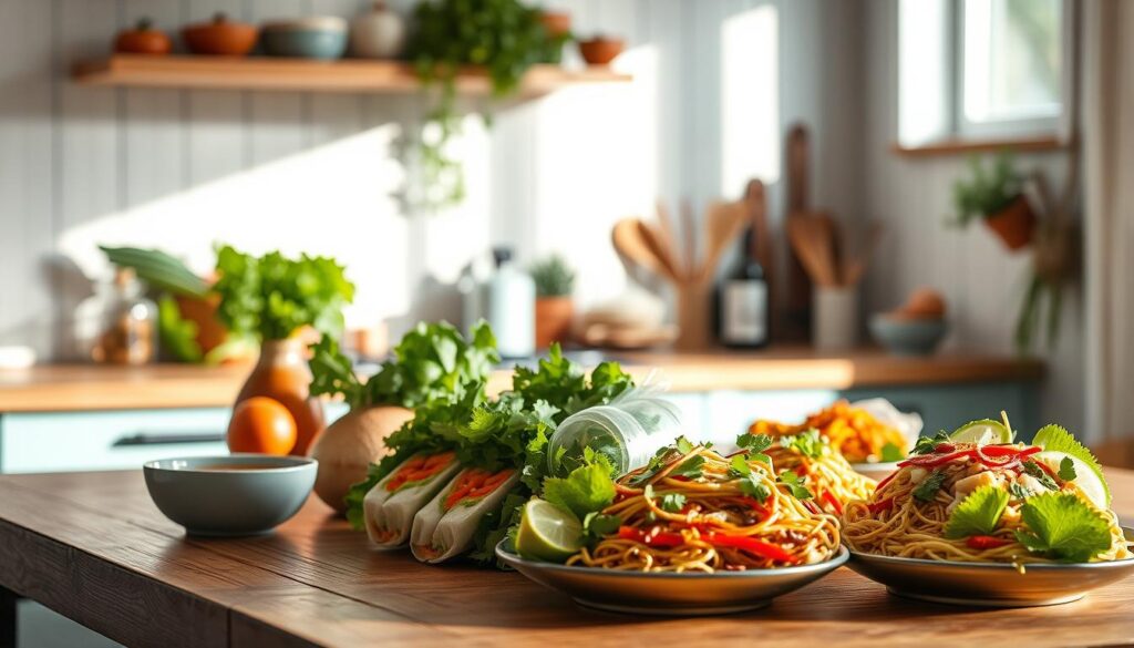 A cozy, minimalist kitchen with wooden textures and light blue accents. On the countertop, an assortment of fresh Asian ingredients - vibrant veggies, zesty herbs, and flavorful sauces. Artfully arranged in the foreground, a selection of no-heat recipes - from refreshing summer rolls to colorful vegan noodle salads. The natural light streams in, creating a warm, inviting atmosphere, hinting at the delicious, nourishing creations that can be effortlessly assembled without any heat. The scene evokes a sense of culinary creativity and the joy of exploring new, dynamic flavor combinations.