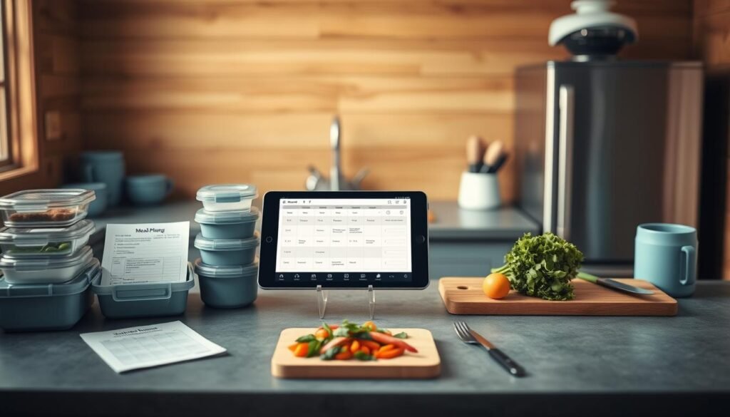 A cozy, minimalist kitchen with wooden textures and soft blue accents. In the foreground, a slate gray countertop displays an array of reusable containers, meal planning templates, and a tablet displaying a digital calendar. Midground features a simple cutting board with fresh vegetables and herbs, while a sleek stainless steel appliance stands ready in the background. Warm, diffused lighting casts a gentle glow, conveying a sense of efficiency and organization for seamless backpacking meal prep.