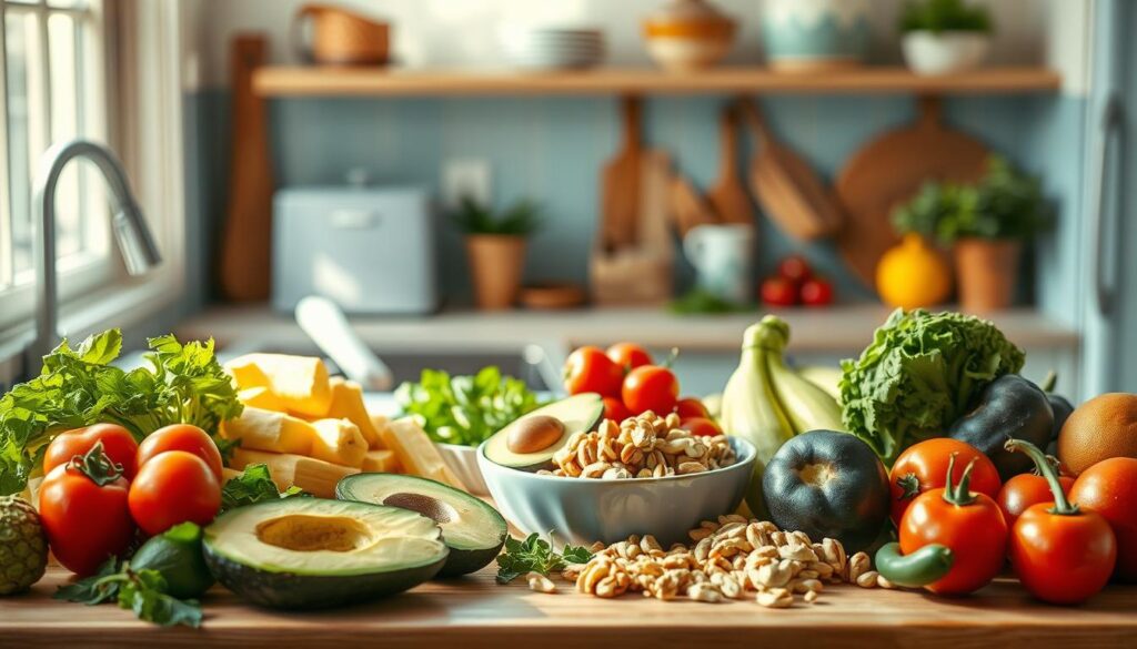 A cozy, sun-lit kitchen with warm wooden textures and light blue accents. On the counter, an assortment of fresh, vibrant ingredients are arranged - crisp vegetables, creamy avocados, crunchy nuts, and colorful fruits. The scene exudes a sense of simplicity and ease, suggesting a collection of quick, no-cook recipes perfect for a healthy and satisfying lunchbox. The focus is on the natural beauty of the produce, highlighting the ease and versatility of these nourishing, plant-based meals.