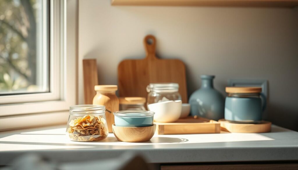 A cozy, well-lit kitchen counter showcases an assortment of travel-friendly breakfast items neatly organized in a variety of minimalist wooden and glass containers. Sunlight streams through a nearby window, casting a warm glow and creating soft shadows. The scene exudes a sense of simplicity and thoughtfulness, with each element positioned to maximize freshness and accessibility for a nourishing, on-the-go meal. Subtle blue accents, such as a ceramic dish or a decorative element, complement the natural wooden tones, creating a calming, cohesive atmosphere.