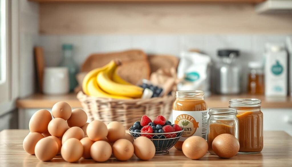 A cozy, well-lit kitchen counter with a variety of budget-friendly breakfast ingredients artfully arranged. In the foreground, a pile of fresh eggs, a carton of oats, and a jar of peanut butter. In the middle ground, a basket of ripe bananas, a bowl of mixed berries, and a bag of whole-grain bread. In the background, a bottle of honey, a container of yogurt, and a carton of milk, all set against a backdrop of warm wooden textures and light blue accents, creating a inviting, minimalist atmosphere.
