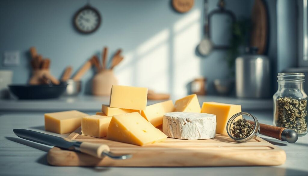 A cozy, well-lit kitchen scene featuring an assortment of cheeses, including wedges of cheddar, brie, and gouda, arranged neatly on a wooden cutting board. Surrounding the cheeses are various kitchen essentials such as a chef's knife, a vegetable peeler, a mixing bowl, and a small glass jar filled with dried herbs. The background showcases a light blue wall with simple, minimalist decor, creating a calm and inviting atmosphere suitable for meal prep. The lighting is soft and natural, highlighting the textures and colors of the ingredients and tools.