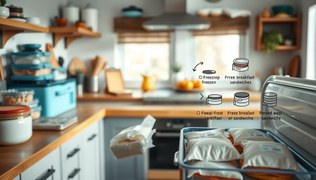 A cozy, well-lit kitchen with wooden countertops and light blue accents. On the counter, a collection of meal prep containers, a cutting board, and various kitchen tools. In the foreground, an open freezer reveals frozen breakfast sandwiches, each wrapped in parchment paper and clearly labeled. In the middle ground, a step-by-step visual guide demonstrates the process of freezing, storing, and reheating the sandwiches. The atmosphere is calm and inviting, emphasizing the ease and convenience of the meal prep techniques.