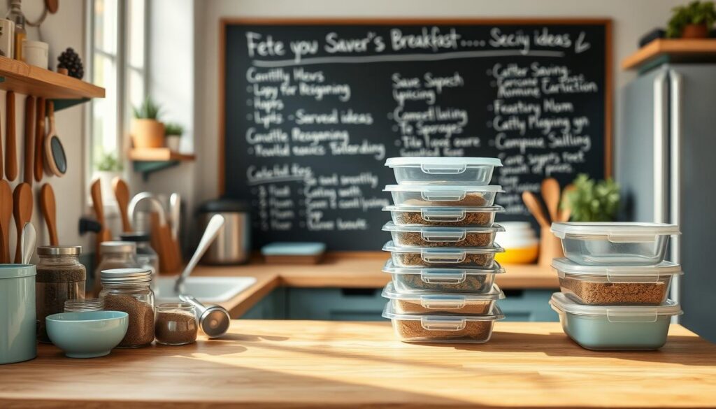 A cozy, well-lit kitchen with wooden countertops and light blue accents. On the counter, a variety of spices, herbs, and seasonings are neatly arranged, along with measuring cups and spoons. In the middle ground, a stack of meal prep containers in various shapes and sizes, inviting the viewer to imagine customizing their own savory breakfast creations. In the background, a chalkboard wall displays recipe ideas and storage tips, creating a warm, inspiring atmosphere for culinary exploration.