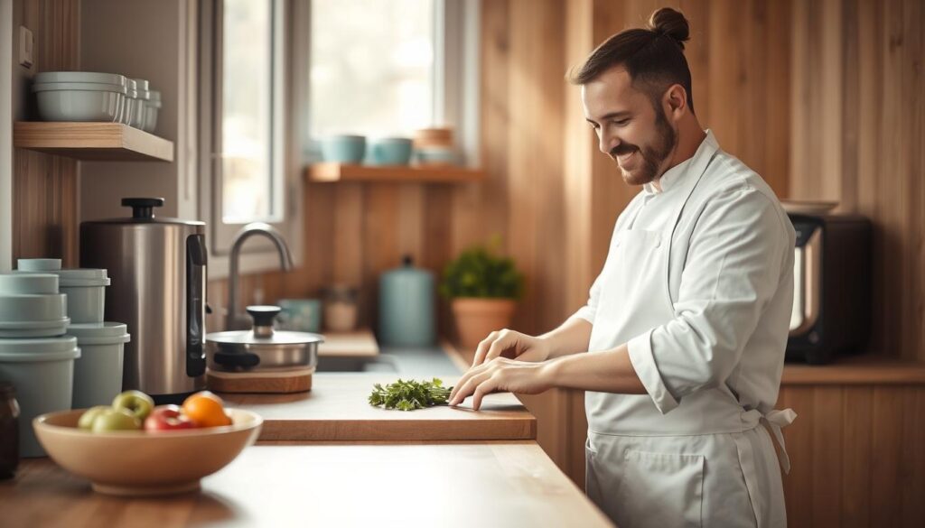 A cozy, well-organized kitchen with wooden textures and light blue accents. A chef in a white apron carefully chopping vegetables on a wooden cutting board, surrounded by neatly arranged storage containers, a sleek appliance, and a bowl of fresh produce. Natural light streams in through a large window, casting a warm glow on the scene. The chef's expression is focused yet relaxed, embodying the joy of mindful meal preparation. Stylish kitchen tools and utensils are within easy reach, hinting at a well-planned workflow. The overall atmosphere conveys a sense of intentionality and effortless efficiency in avoiding common meal prep pitfalls.