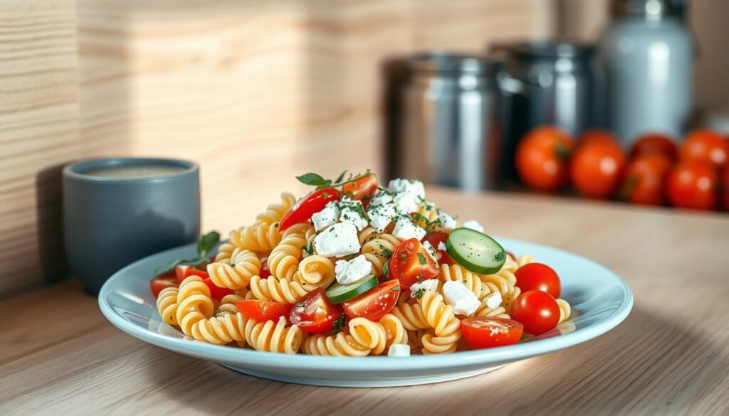 A creative pasta salad presentation with colorful, fresh ingredients arranged artfully on a light blue platter against a minimalist kitchen backdrop with wooden textures. The salad features a mix of spiral-shaped pasta, sliced cherry tomatoes, diced cucumber, crumbled feta, and sprinkled herbs, creating a visually appealing and appetizing display. Soft, natural lighting from a nearby window casts gentle shadows, highlighting the textures and colors. The overall mood is clean, appetizing, and aesthetically pleasing, inviting the viewer to imagine a delightful no-heat lunchbox meal.