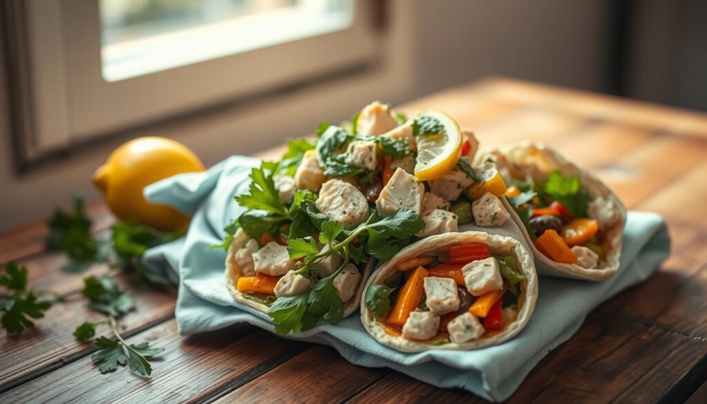 A crisp, fresh lemon-herb chicken salad sits atop fluffy veggie wraps on a rustic wooden table. The salad is a vibrant medley of tender chicken, zesty lemon, aromatic herbs, and crunchy greens. The wraps, wrapped in light blue cloth, are filled with a colorful assortment of sautéed vegetables. Soft, diffused lighting from a nearby window casts a warm glow, highlighting the textures and colors of the scene. The overall atmosphere is one of simplicity, nourishment, and the comforts of a minimalist kitchen.