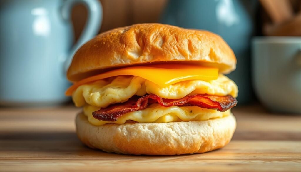 A crisp, golden-brown English muffin is the base for this tantalizing breakfast sandwich. Nestled between the soft, toasted halves are layers of fluffy scrambled eggs, savory slices of crispy bacon, and a perfectly melted slice of cheddar cheese. The scene is set in a cozy, minimal kitchen environment, with warm wooden textures and light blue accents complementing the vibrant food. The muffin's crunchy exterior and the gooey, sizzling interior create an irresistible contrast, inviting the viewer to take a satisfying bite. Soft, natural lighting bathes the scene, capturing the sandwich's inviting, appetizing appeal.