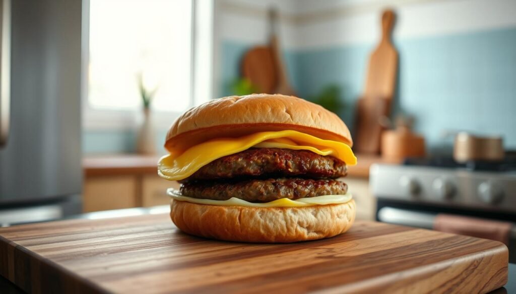 A crisp, golden-brown breakfast sandwich, its fluffy egg and savory sausage patty nestled between slices of whole-wheat bread, sits atop a cutting board amid a cozy, minimal kitchen. Soft, diffused lighting from a window filters through, casting a warm glow on the scene. The sandwich's layers are clearly visible, inviting the viewer to imagine the satisfying crunch and melt-in-your-mouth texture. In the background, a few stainless steel appliances and a light blue accent wall create a clean, modern backdrop, while the wooden textures of the cutting board and countertop add warmth and natural elegance. The overall atmosphere is one of simplicity, comfort, and the promise of a delicious, nutritious start to the day.