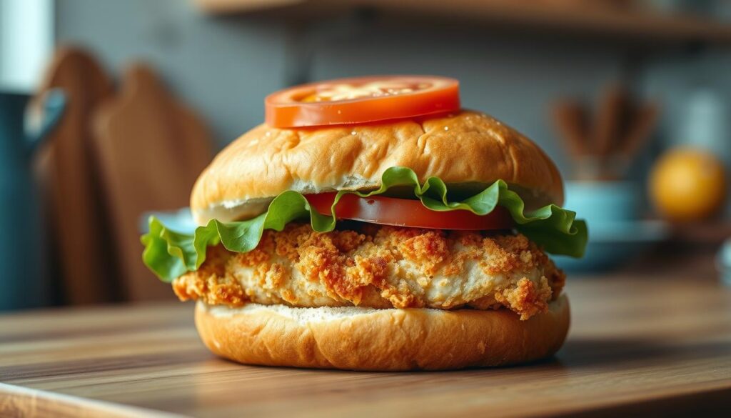 A crisp, golden-brown chicken sandwich nestled between fluffy, lightly toasted brioche buns. The juicy, tender chicken breast is coated in a delicate, crunchy breading, glistening with a hint of savory seasoning. Atop the sandwich, a crisp leaf of vibrant green lettuce and a slice of juicy, ripe tomato add a fresh, flavorful contrast. The scene is set against the backdrop of a cozy, minimal kitchen, with warm wooden textures and light blue accents, creating a inviting and appetizing atmosphere.
