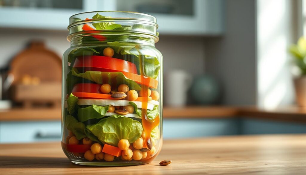 A crisp, layered mason jar salad takes center stage on a wooden kitchen counter. The jar's glass walls reveal vibrant colors and textures, from the earthy greens of crisp romaine lettuce, to the jewel-toned slices of juicy tomatoes and crunchy carrots. A drizzle of balsamic vinaigrette glistens between the layers, while a sprinkling of roasted chickpeas and toasted sunflower seeds add texture and nutty notes. Soft natural light bathes the scene, casting a warm glow and highlighting the jar's elegant silhouette. The minimal, light blue-accented kitchen provides a soothing, clutter-free backdrop, allowing the salad layers to shine.
